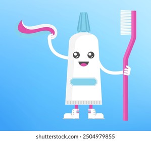 Cute happy toothpaste holding toothbrush. Dental health, dentistry concept. Oral hygiene. Flat cartoon vector illustration for childrens clinic.