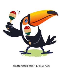 Cute happy toucan playing maracas and dancing vector cartoon illustration. Exotic birds, zoo, Mariachi music, entertainment, tropical vacation, fun and leisure, Mexican culture and heritage theme.