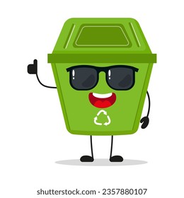 Cute happy trash bin character wear sunglasses. Funny dustbin greet friend cartoon emoticon in flat style. wastebin emoji vector illustration