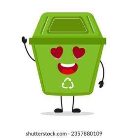 Cute happy trash bin character. Funny fall in love dustbin cartoon emoticon in flat style. wastebin emoji vector illustration