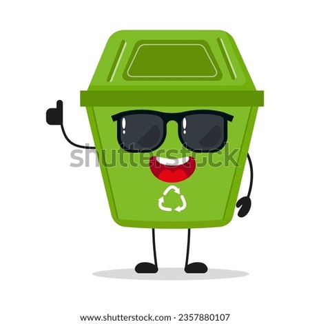 Cute happy trash bin character wear sunglasses. Funny dustbin greet friend cartoon emoticon in flat style. wastebin emoji vector illustration