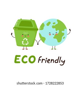 Cute happy trash bin and Earth planet. Eco friendly card. Isolated on white background. Vector cartoon character illustration