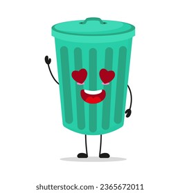 Cute happy trash can character. Funny fall in love dustbin cartoon emoticon in flat style. garbage vector illustration