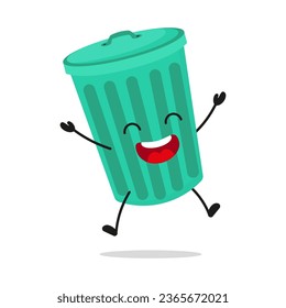 Cute happy trash can character. Funny victory jump celebration dustbin cartoon emoticon in flat style. garbage vector illustration