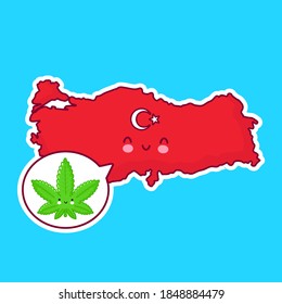 Cute happy Turkey map and flag character with weed, marijuana in speech bubble. Vector flat line cartoon funny kawaii character illustration icon.Turkey, medical cannabis concept