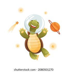 Cute happy turtle astronaut. Funny tortoise character floating in outer space vector illustration