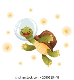 Cute happy turtle astronaut in helmet. Funny tortoise character floating in outer space vector illustration
