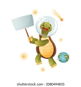 Cute happy turtle astronaut holding blank sign board. Funny tortoise character floating in outer space vector illustration