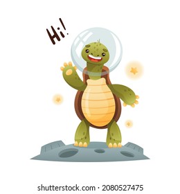 Cute happy turtle astronaut saying hi. Funny tortoise character standing on the moon vector illustration isolated on white background