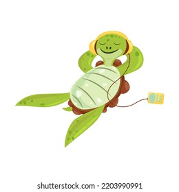 Una tortuga alegre y agradable escuchando música. Divertido personaje de dibujos animados bailando, durmiendo, comiendo, disfrutando del ocio. Ilustración vectorial plana para animales o concepto de vida silvestre