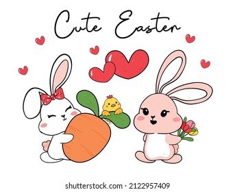 cute happy two couple rabbit bunny with baby chicken and easter egg cartoon drawing outline baby rabbit, cute easter