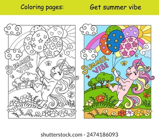 Cute happy unicorn with balloons and lettering summer vibe. Cartoon vector illustration. Kids monochrome coloring page with colored template. For coloring, education, print, game, puzzle, design