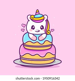 cute happy unicorn with big cake
