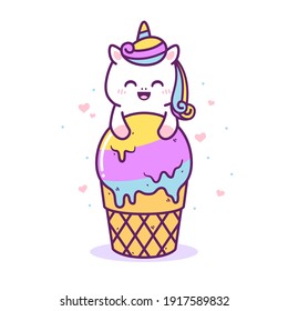 cute happy unicorn with big ice cream