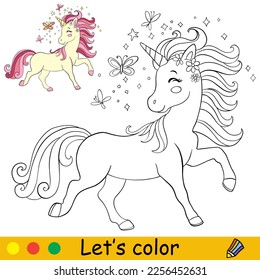 Cute happy unicorn and butterflies. Kids coloring book page with color template. Vector cartoon illustration. For kids coloring, postcard, print, design, decor, tattoo, game and puzzle