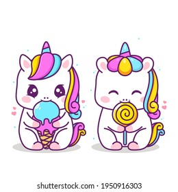 cute happy unicorn eating lolipop and ice cream