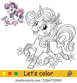 Un lindo unicornio feliz con flores. Página del libro de coloreado para niños con plantilla de color. Ilustración de dibujos animados. Página de trabajo educativo. Para colorear, tarjetas, imprimir, diseñar, decorar, tatuar, jugar y puzzle