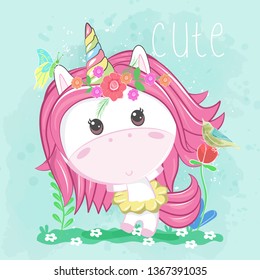 cute happy unicorn girl. Can be used for baby t-shirt print, fashion print design, kids wear, baby shower celebration greeting and invitation card. - Vector