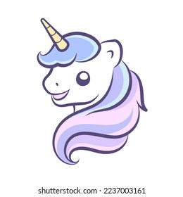 Cute happy unicorn head vector illustration. Mythical creature cartoon design print for kids.