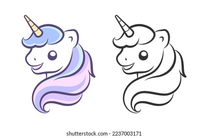 Cute happy unicorn head vector outline illustration. Easy coloring book page for kids.