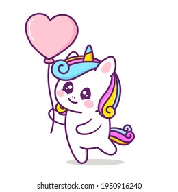 cute happy unicorn with heart balloon