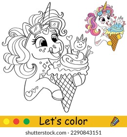 Cute happy unicorn with ice cream. Kids coloring book page with color template. Vector cartoon illustration. Educational work page. For coloring, cards, print, design, decor, tattoo,game and puzzle