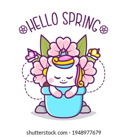 cute happy unicorn inside pot of flowers