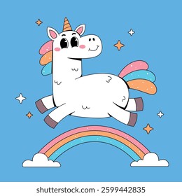 Cute happy unicorn jumping rainbow