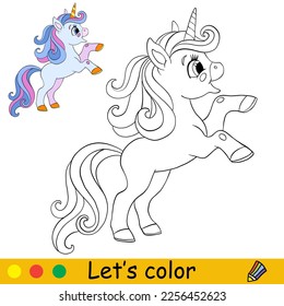 Un lindo unicornio feliz. Página del libro de coloreado para niños con plantilla de color. Ilustración de dibujos animados. Página de trabajo educativo. Para los niños coloreado, postal, impresa, diseño, decoración, tatuaje, juego y rompecabezas