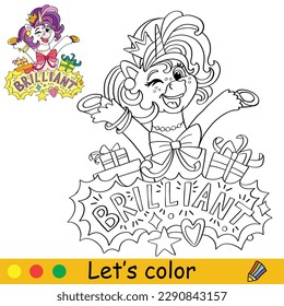 Cute happy unicorn. Kids coloring book page with color template. Vector cartoon illustration. Educational work page. For coloring, cards, print, design, decor, tattoo,game and puzzle