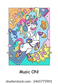 Cute happy unicorn listening music with lettering Music on. Cartoon character color vector illustration. Unicorn poster and book cover. For card, print, design, stickers, decor, puzzle and game