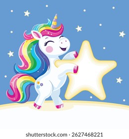 Cute and happy unicorn with multi-colored hair and star. Poster, Banner, Flyer. Vector illustration in flat cartoon style