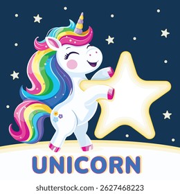 Cute and happy unicorn with multi-colored hair and star. Poster, Banner, Flyer. Vector illustration in flat cartoon style