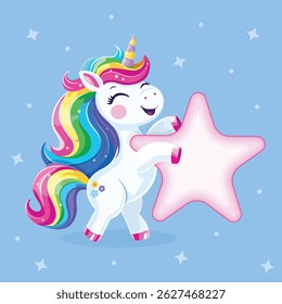 Cute and happy unicorn with multi-colored hair and star. Poster, Banner, Flyer. Vector illustration in flat cartoon style
