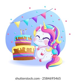 A cute happy unicorn next to a half-eaten cake. A charming animal with a bright mane and a golden horn on a blue background. Isolated vector illustration for design, prints and patterns.