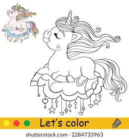 Cute happy unicorn on a cloud. Kids coloring book page with color template. Vector cartoon illustration. Educational work page. For coloring, cards, print, design, decor, tattoo,game and puzzle