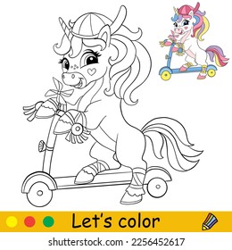 Cute happy unicorn on a scooter. Kids coloring book page with color template. Vector cartoon illustration. Educational page. For kids coloring, postcard, print, design, decor, tattoo, game and puzzle