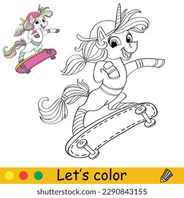 Cute feliz unicornio en una patineta. Página del libro de coloreado para niños con plantilla de color. Ilustración de dibujos animados. Página de trabajo educativo. Para colorear, tarjetas, imprimir, diseñar, decorar, tatuar, jugar y puzzle