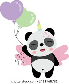 Cute happy unicorn panda holding balloons
