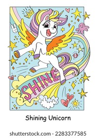 Cute feliz unicornio pegasus con arcoiris y brillo de letras. Ilustración vectorial de color de carácter de dibujos animados. Cartel y portada del libro de unicornio. Para tarjetas, impresiones, diseño, pegatinas, decoración, rompecabezas y juegos