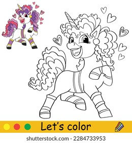 Cute happy unicorn with purple mane. Kids coloring book page with color template. Vector cartoon illustration. Educational work page. For coloring, cards, print, design, decor, tattoo,game and puzzle