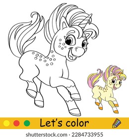 Un lindo unicornio feliz con un arcoiris. Página del libro de coloreado para niños con plantilla de color. Ilustración de dibujos animados. Página de trabajo educativo. Para colorear, tarjetas, imprimir, diseñar, decorar, tatuar, jugar y puzzle