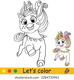 Cute happy unicorn with rainbow mane. Kids coloring book page with color template. Vector cartoon illustration. Educational work page. For coloring, cards, print, design, decor, tattoo,game and puzzle