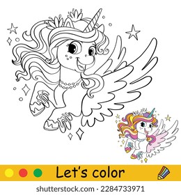 Cute happy unicorn with rainbow mane. Kids coloring book page with color template. Vector cartoon illustration. Educational work page. For coloring, cards, print, design, decor, tattoo,game and puzzle