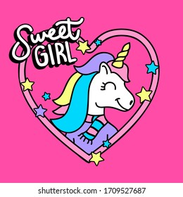 CUTE AND HAPPY UNICORN WITH A SCARF AND STARS, UNICORN WITH A HEART, SLOGAN PRINT VECTOR