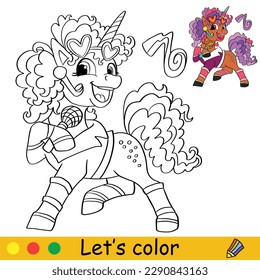 Cute happy unicorn singer. Kids coloring book page with color template. Vector cartoon illustration. Educational work page. For coloring, cards, print, design, decor, tattoo,game and puzzle