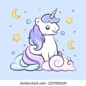Cute happy unicorn sitting in the clouds looking up at the night sky illustration wall art card print for kids.
