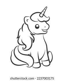 Cute happy unicorn sitting down vector outline illustration. Easy coloring book page for kids.