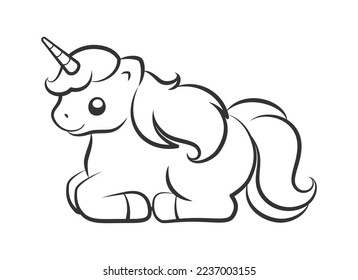 Cute happy unicorn sitting lying down resting vector outline illustration. Easy coloring book page for kids.