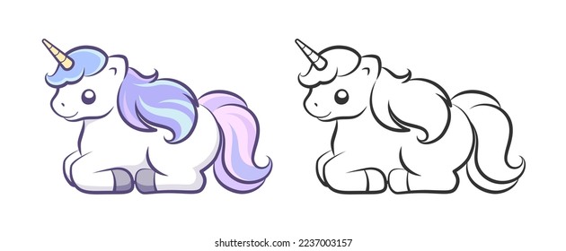 Cute happy unicorn sitting lying down resting vector outline illustration. Easy coloring book page for kids.